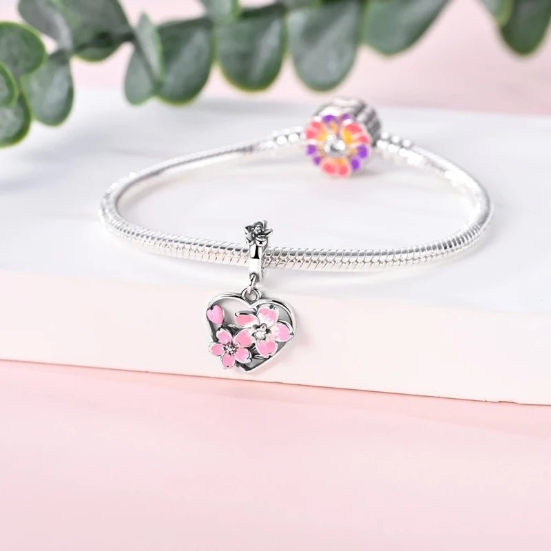 Pangama Jewelry Rotating Cherry Blossom Heart Dangle Charm