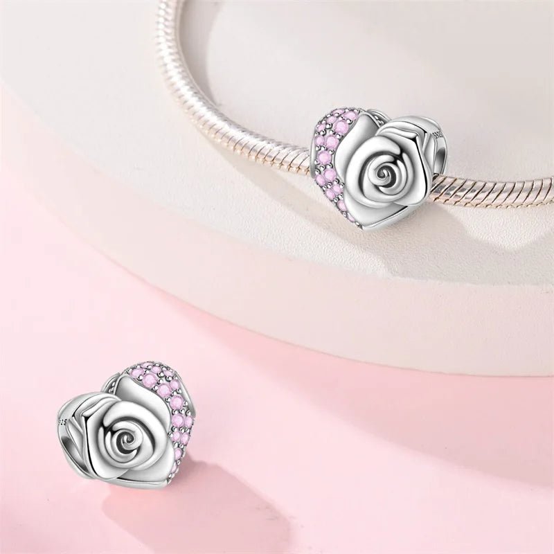 Pangama Jewelry Blooming Rose & Pink Pavé Heart Charm