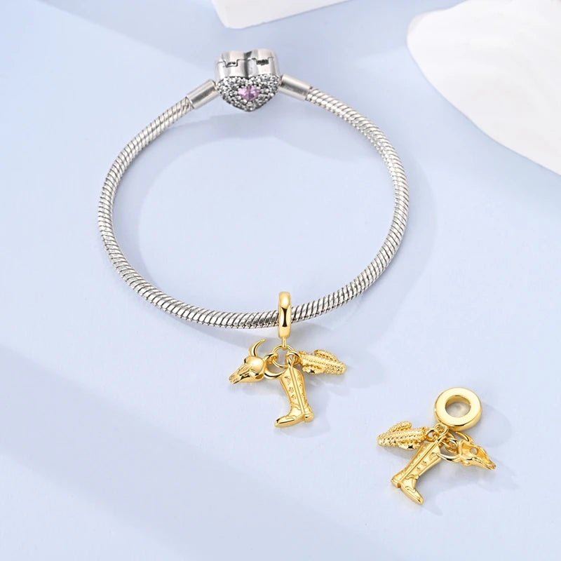 Pangama Jewelry Western Cowboy Boot, Bull Skull & Cactus Dangle Charm