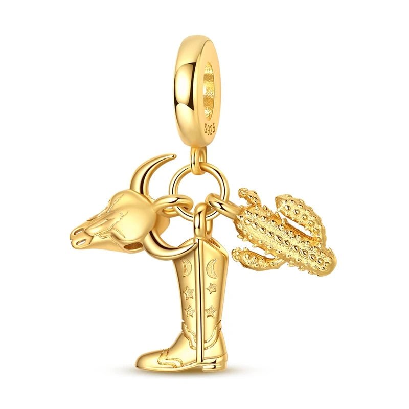 Pangama Jewelry Western Cowboy Boot, Bull Skull & Cactus Dangle Charm