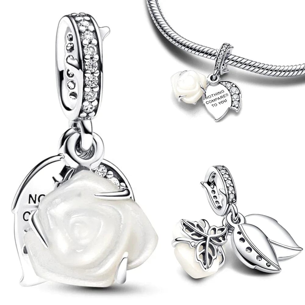 White Rose in Bloom Double Dangle Charm